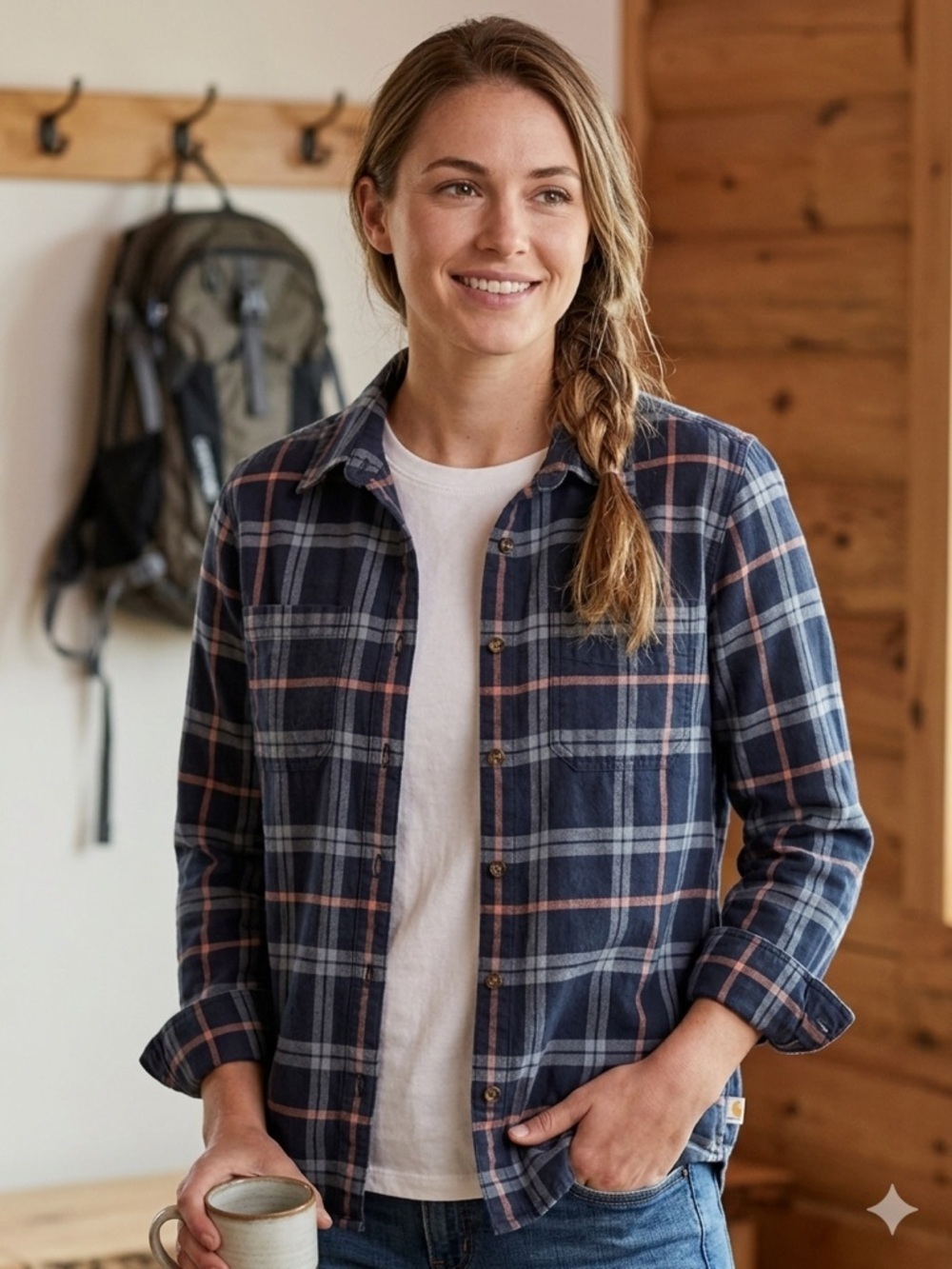 Carhartt navy plaid flannel button front shirt women Medium